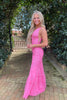 Load image into Gallery viewer, Mermaid Deep V Neck Pink Long Formal Dress with Appliques