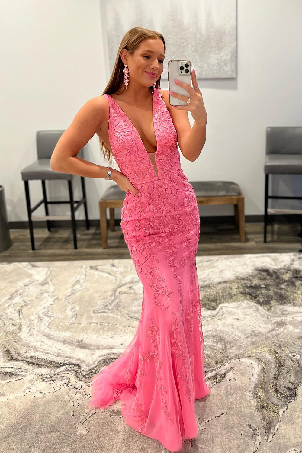 Mermaid Deep V Neck Pink Long Formal Dress with Appliques