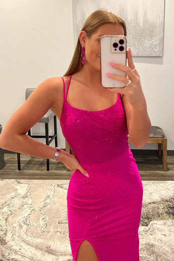 Hot Pink Spaghetti Straps Formal Dress With Slit