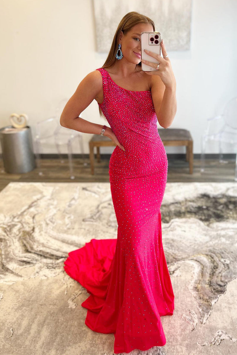 Load image into Gallery viewer, Hot Pink One Shoulder Mermaid Formal Dress