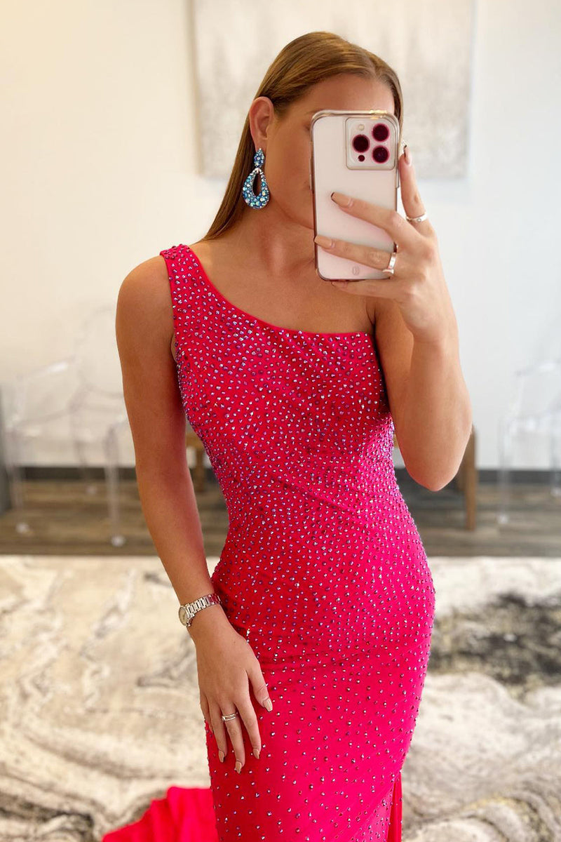 Load image into Gallery viewer, Hot Pink One Shoulder Mermaid Formal Dress