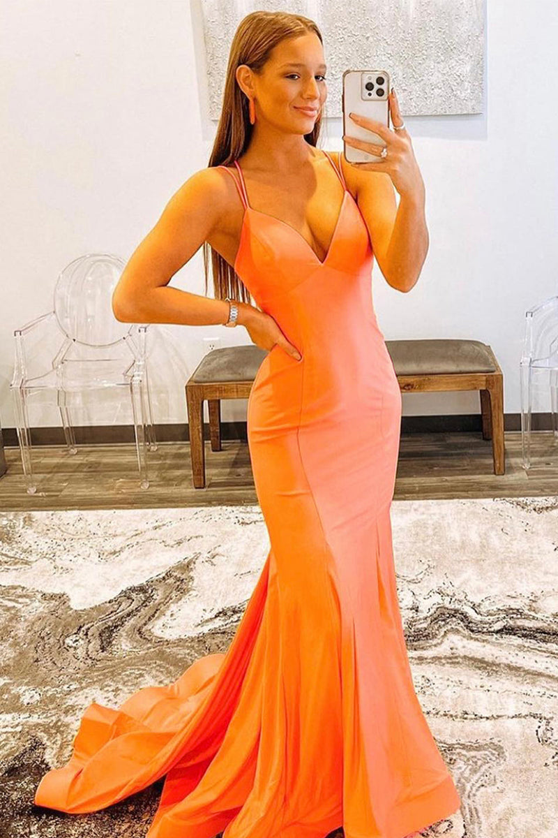 Load image into Gallery viewer, Orange Spaghetti Straps Blackless Mermaid Formal Dress