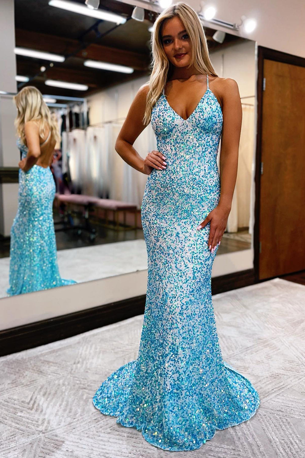 Mermaid Spaghetti Straps Blue Sequins Backless Long Formal Dress