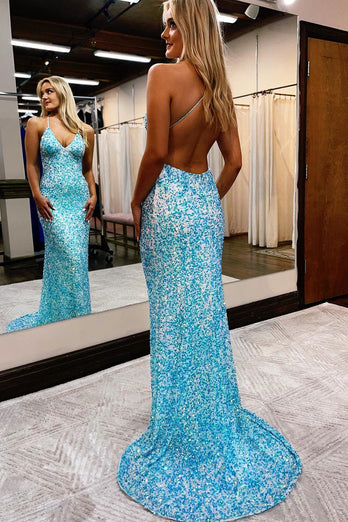 Mermaid Spaghetti Straps Blue Sequins Backless Long Formal Dress