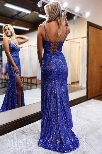 Sheath Spaghetti Straps Royal Blue Sequins Long Formal Dress with Silt