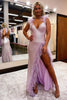 Load image into Gallery viewer, Sheath Deep V Neck Light Pink Sequins Long Formal Dress with Feathers