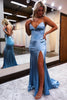 Load image into Gallery viewer, Sheath Spaghetti Straps Blue Long Formal Dress with Silt