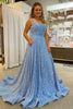 Load image into Gallery viewer, A Line Square Neck Light Blue Sequins Long Formal Dress