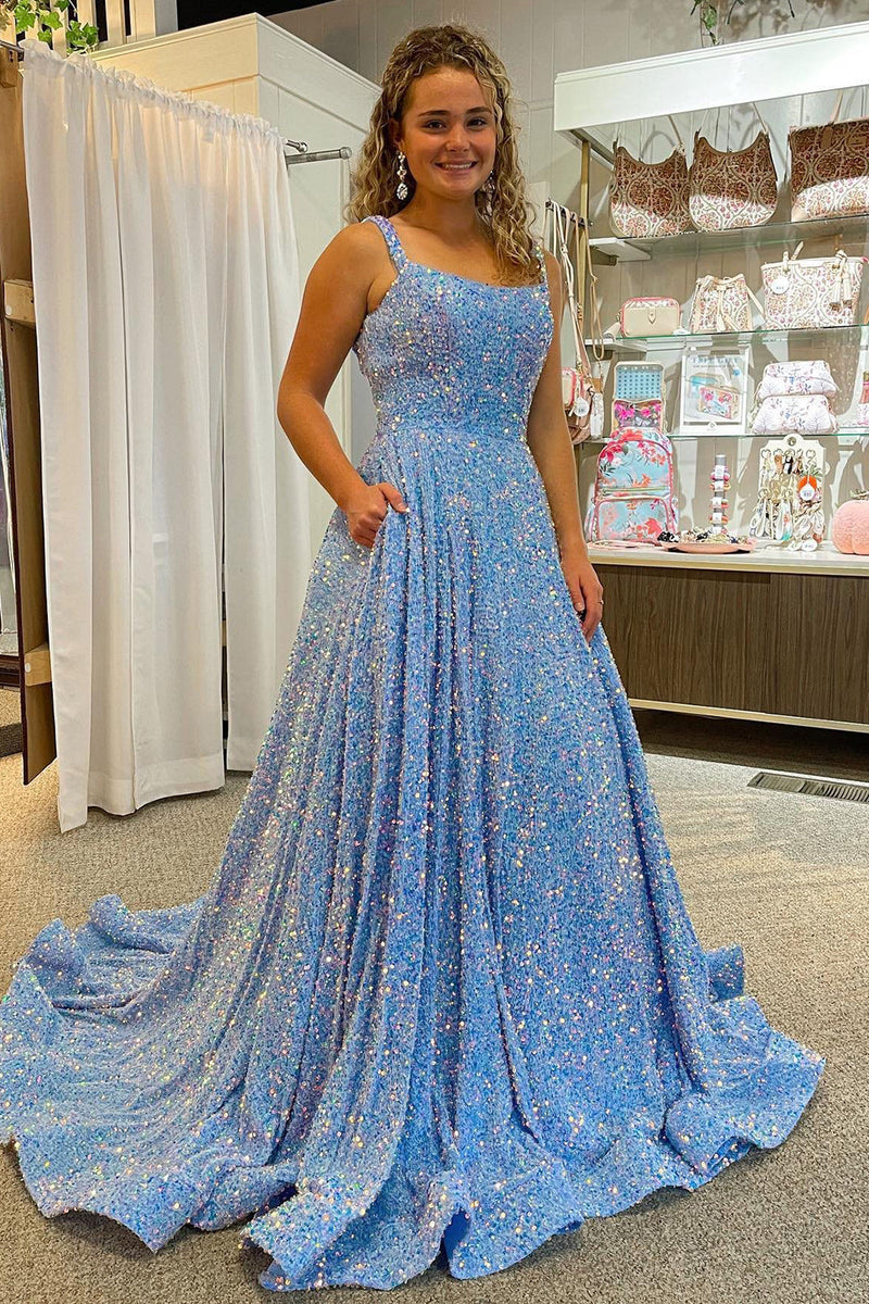 Load image into Gallery viewer, A Line Square Neck Light Blue Sequins Long Formal Dress