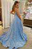 Load image into Gallery viewer, A Line Square Neck Light Blue Sequins Long Formal Dress