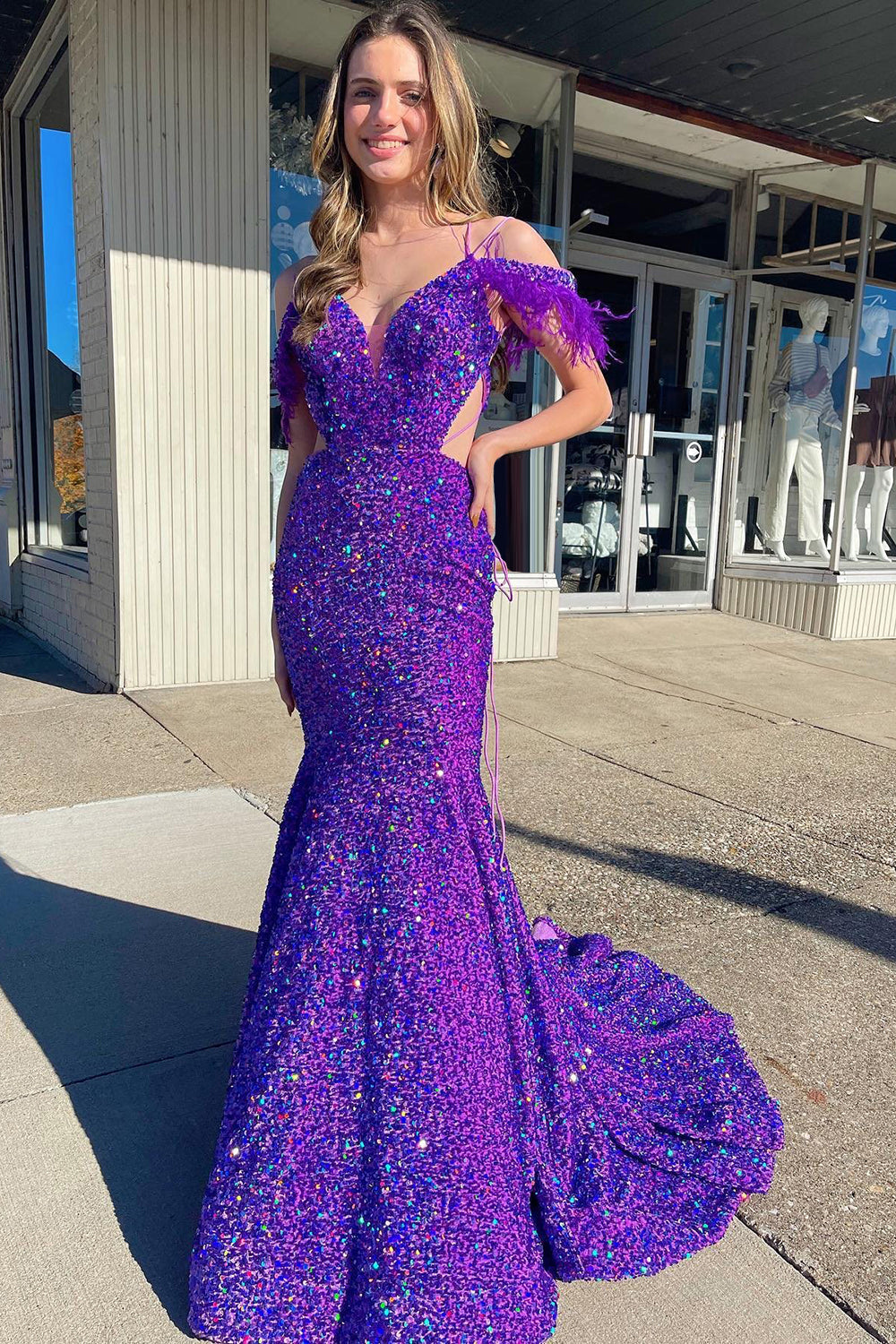 Mermaid Off the Shoulder Purple Sequins Cut Out Formal Dress with Feathers