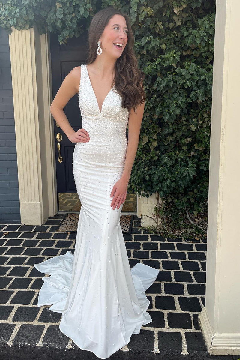 Load image into Gallery viewer, Mermaid Deep V Neck White Long Formal Dress with Beading