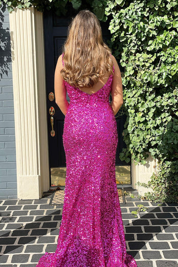 Mermaid V Neck Fuchsia Sequins Long Formal Dress