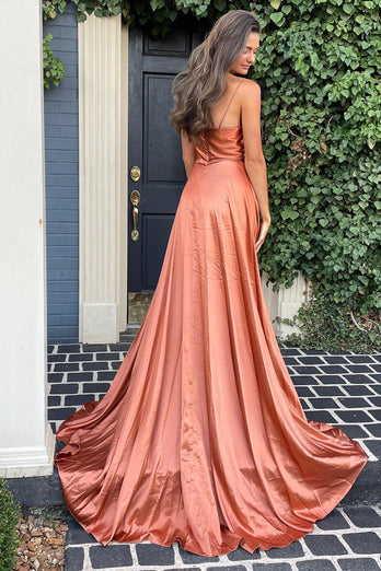 A Line Spaghetti Straps Blush Long Formal Dress with Split Front