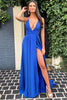 Load image into Gallery viewer, Simple A Line Deep V Neck Royal Blue Long Formal Dress with Split Front