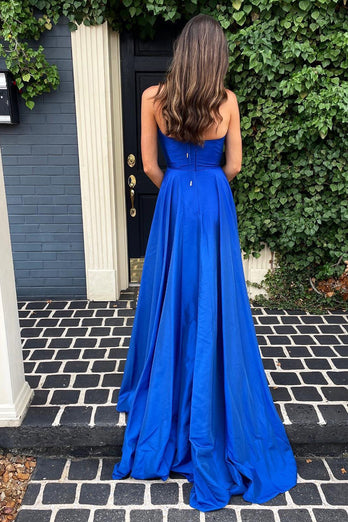 Simple A Line Deep V Neck Royal Blue Long Formal Dress with Split Front