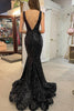 Load image into Gallery viewer, Mermaid Deep V Neck Black Sequins Long Formal Dress with Open Back