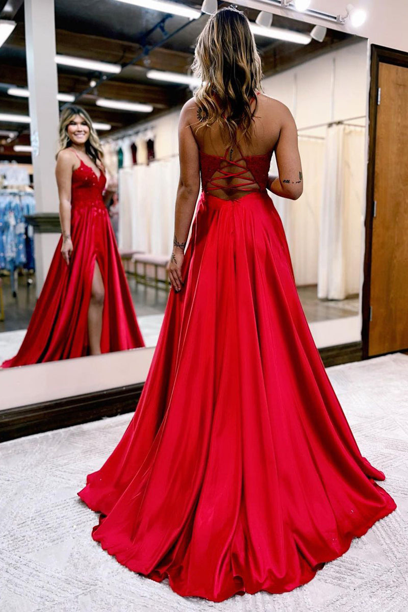 Load image into Gallery viewer, Red Satin A-Line Appliques Formal Dress with Slit