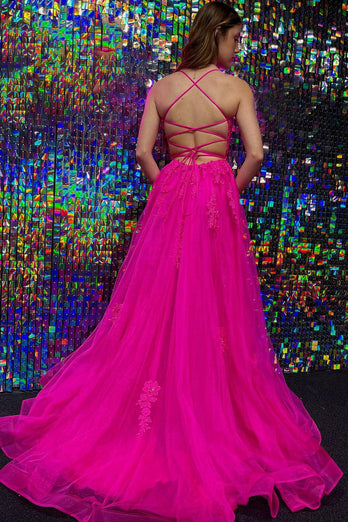 Hot Pink Tulle A Line Formal Dress with Appliques