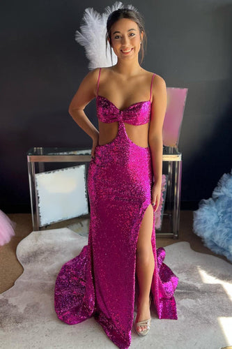 Sparkly Hot Pink Cut Out Sequins Sheath Long Formal Dress with Slit