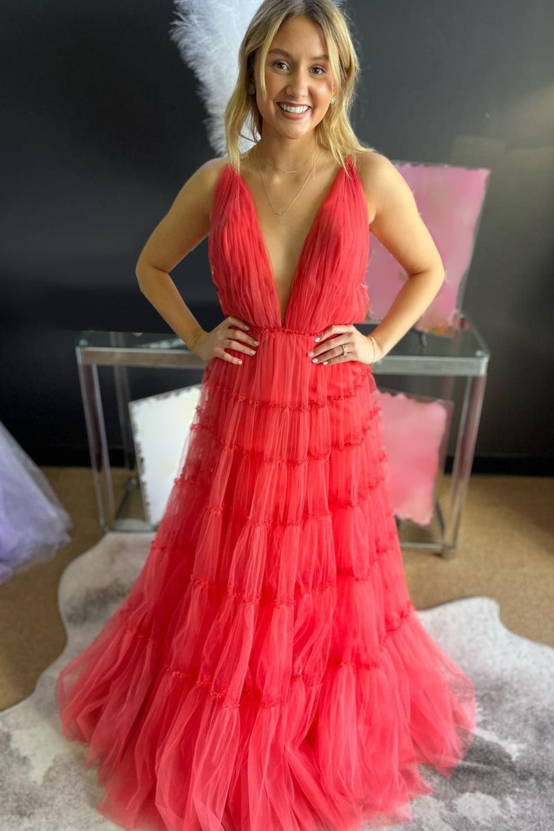 Load image into Gallery viewer, Red A-Line Deep V-Neck Backless Long Tulle Formal Dress