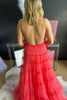 Load image into Gallery viewer, Red A-Line Deep V-Neck Backless Long Tulle Formal Dress