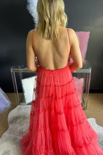 Red A-Line Deep V-Neck Backless Long Tulle Formal Dress