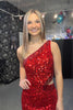 Load image into Gallery viewer, Sparkly Red Sequins One Shoulder Long Formal Dress with Fringes