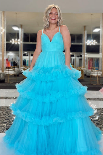 Blue A-Line Tiered Long Tulle Formal Dress with Ruffles