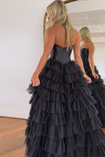 Black Corset Sweetheart A-Line Tiered Long Tulle Formal Dress with Slit