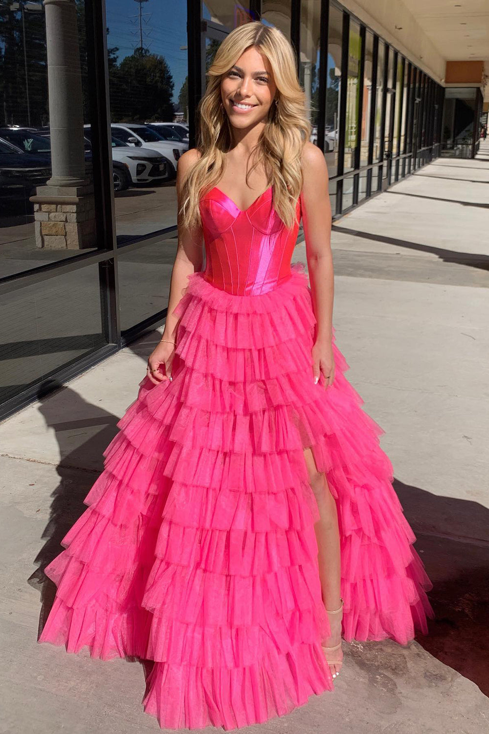 Fuchsia Corset A-Line Tiered Long Formal Dress with Slit