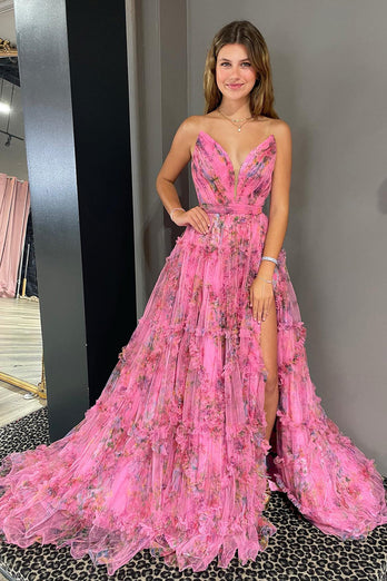 Pink Sweetheart A-Line Floral Long Tulle Formal Dress with Slit