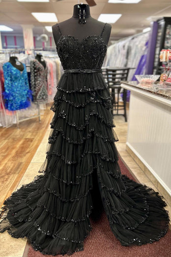 Glitter Black A-Line Lace Long Formal Dress with Slit