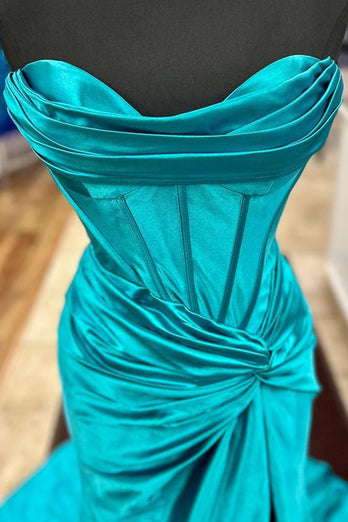 Royal Blue Corset Mermaid Draped Satin Long Formal Dress with Slit