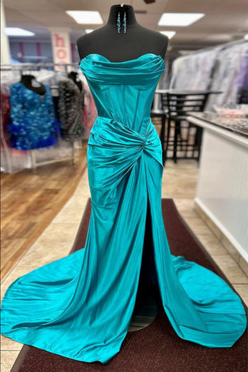 Royal Blue Corset Mermaid Draped Satin Long Formal Dress with Slit