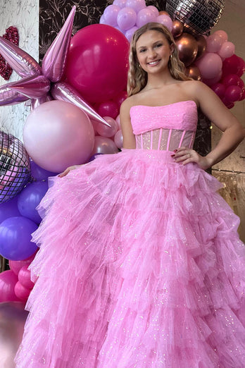 Glitter Pink Strapless A-Line Ruffled Long Formal Dress