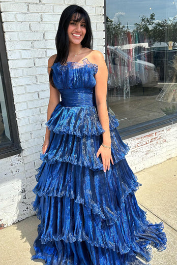 Navy A Line Tiered Strapless Organza Long Formal Dress