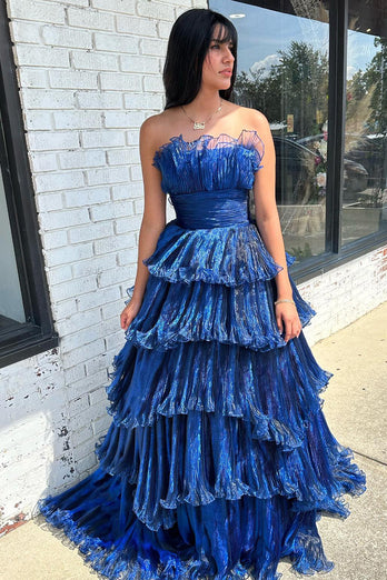 Navy A Line Tiered Strapless Organza Long Formal Dress