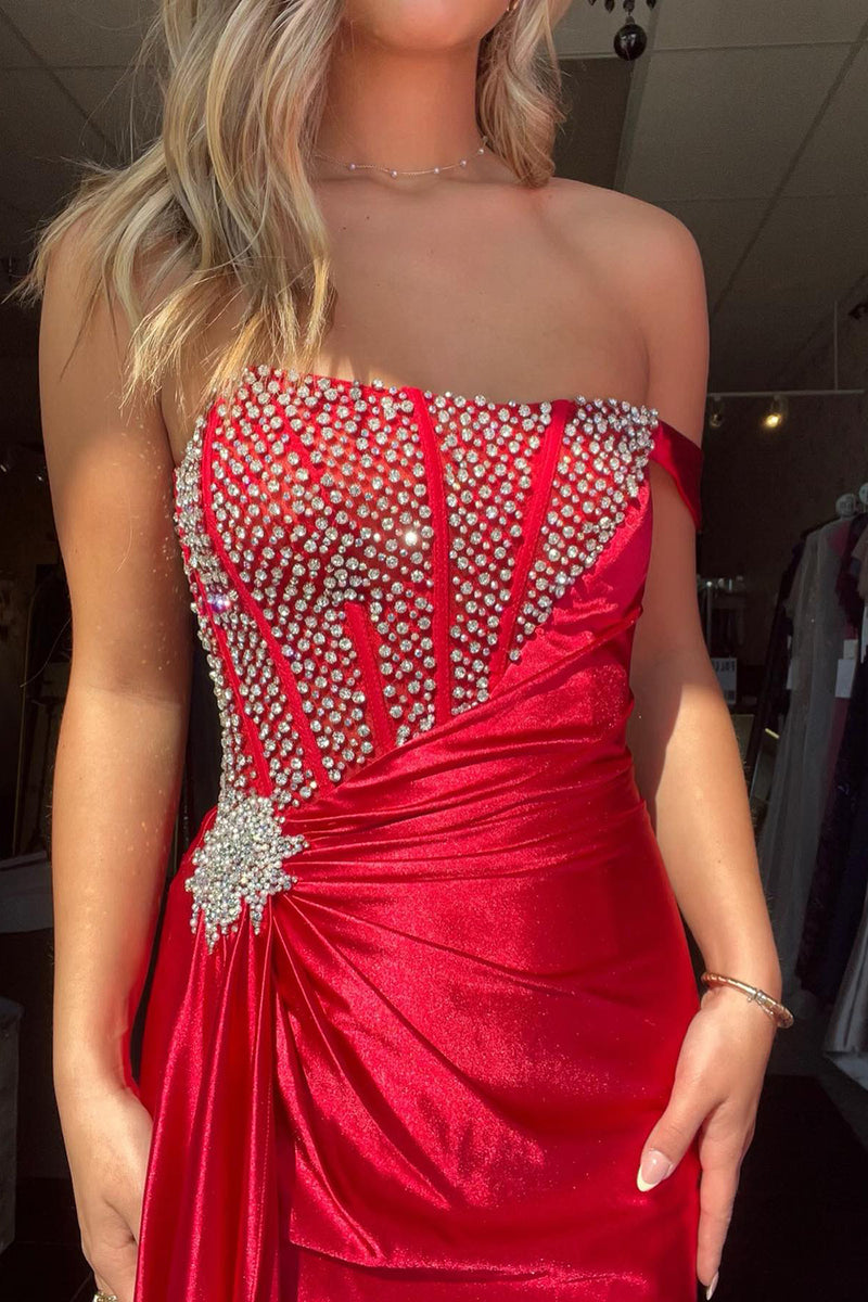 Load image into Gallery viewer, Sparkly Red Corset One Shoulder Long Formal Dress with Beading