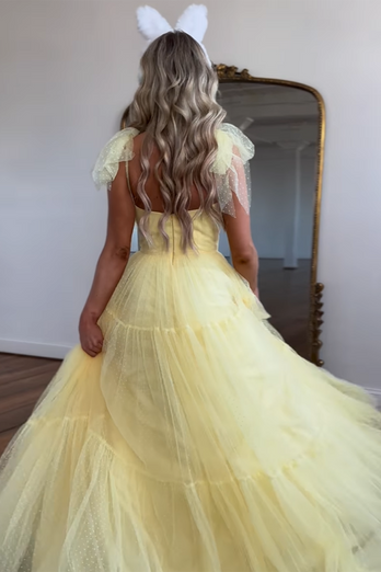 Princess Yellow A-Line Spaghetti Straps Tulle Long Formal Dress with Bows