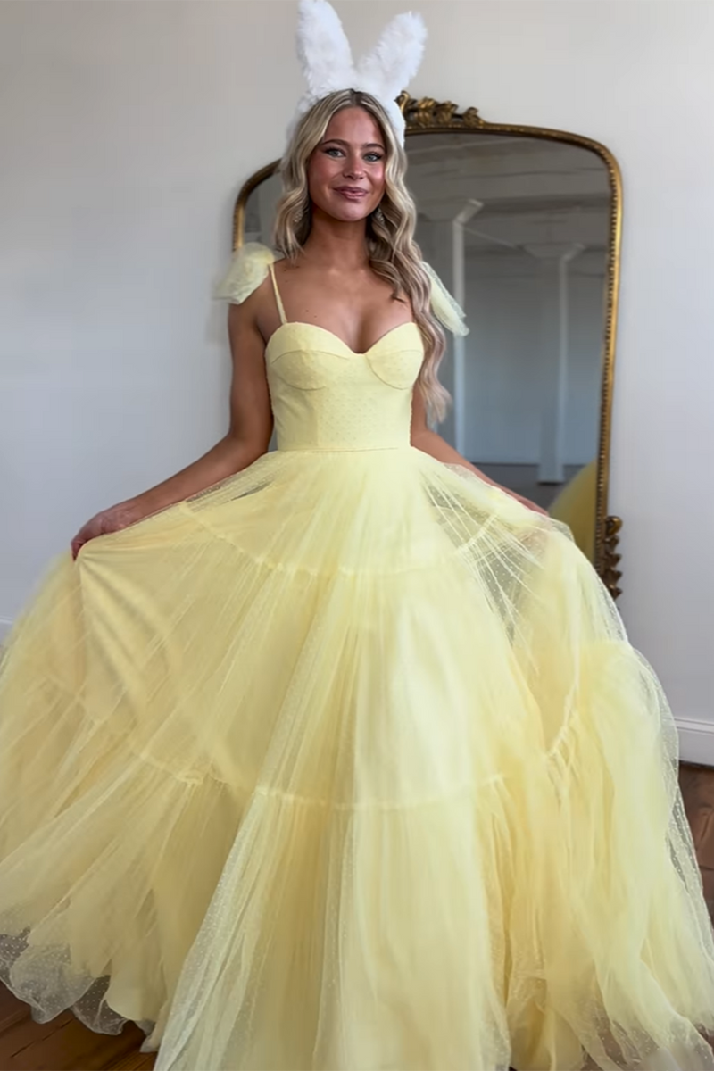 Load image into Gallery viewer, Princess Yellow A-Line Spaghetti Straps Tulle Long Formal Dress with Bows