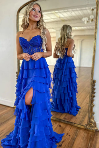 Fuchisa Sweetheart Corset Ruffled Formal Dress with Slit