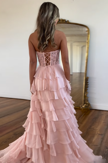 Fuchisa Sweetheart Corset Ruffled Formal Dress with Slit