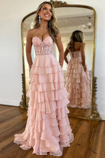 Fuchisa Sweetheart Corset Ruffled Formal Dress with Slit