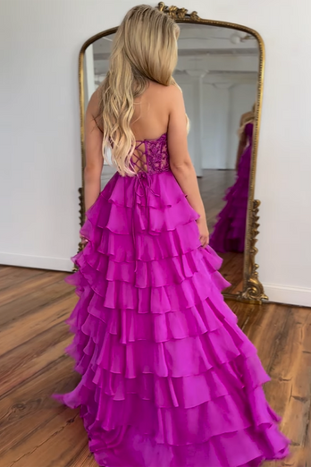 Fuchisa Sweetheart Corset Ruffled Formal Dress with Slit