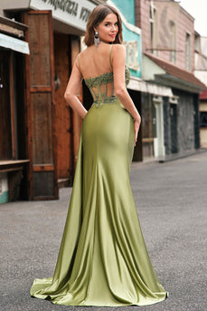 Sparkly Sage Corset Spaghetti Straps Mermaid Long Formal Dress with Slit