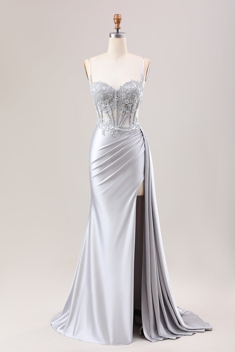 Load image into Gallery viewer, Glitter Mermaid Silver Long Corset Formal Dress with Slit