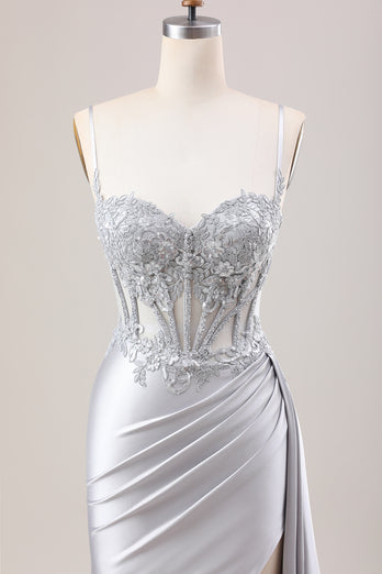 Glitter Mermaid Silver Long Corset Formal Dress with Slit