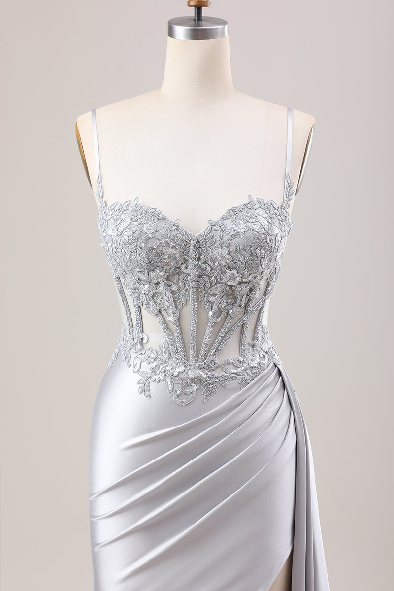 Load image into Gallery viewer, Glitter Mermaid Silver Long Corset Formal Dress with Slit