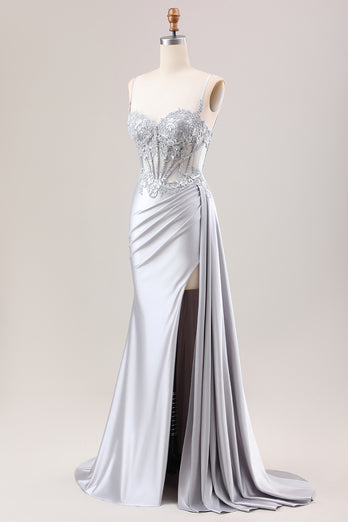 Glitter Mermaid Silver Long Corset Formal Dress with Slit